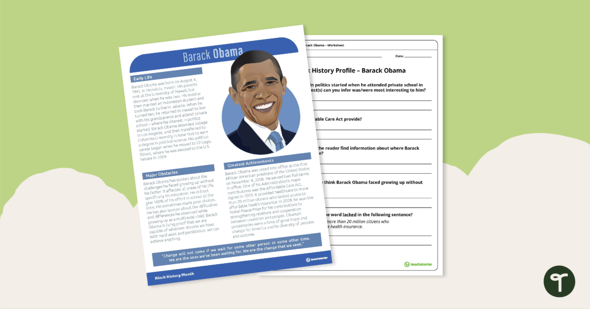 预览图像为黑人嗨story Profile: Barack Obama - Comprehension Worksheet - teaching resource