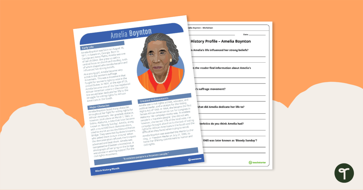 预览图像为黑人嗨story Profile: Amelia Boynton - Comprehension Worksheet - teaching resource