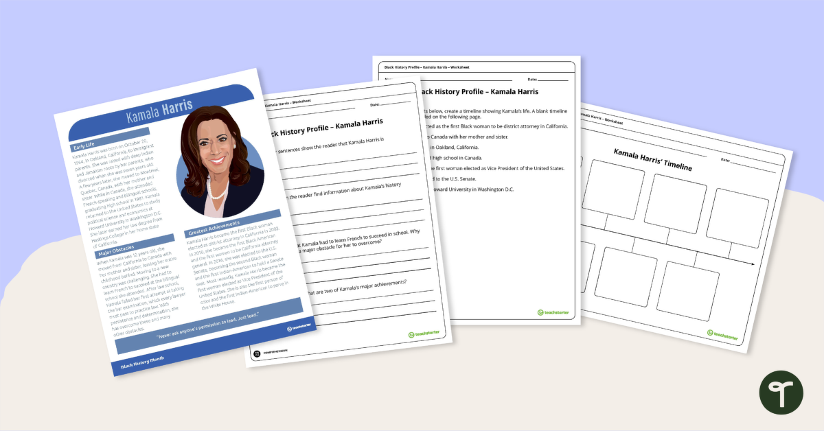 预览图像为黑人嗨story Profile: Kamala Harris - Comprehension Worksheet - teaching resource