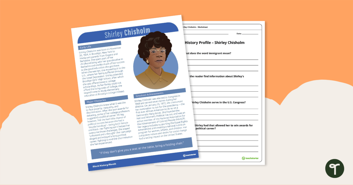 预览图像为黑人嗨story Profile: Shirley Chisholm - Comprehension Worksheet - teaching resource