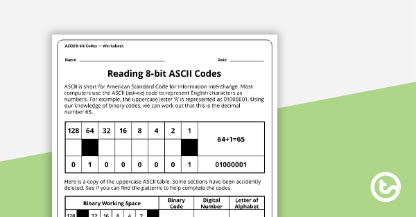Reading 8-bit ASCII Codes - Worksheet