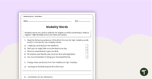 Modality Words Worksheet